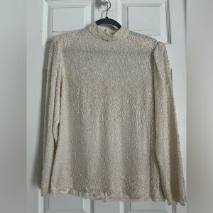 Women's Vintage Embellished High-Neck Long Sleeve Beaded Top - Cream